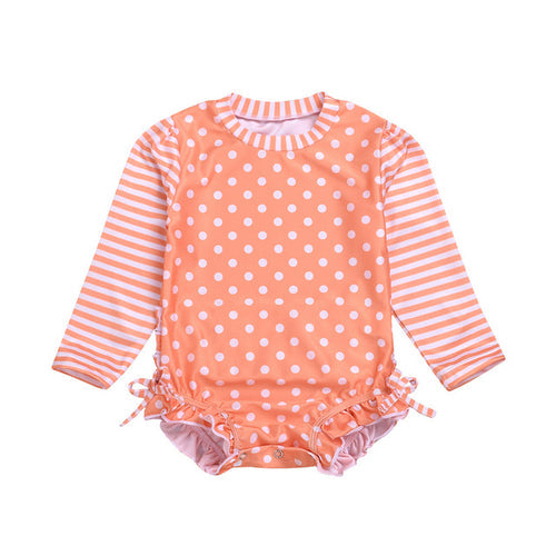 Kids Baby Girl Ruffled Dot Striped Swimsuit with