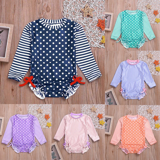 Kids Baby Girl Ruffled Dot Striped Swimsuit with