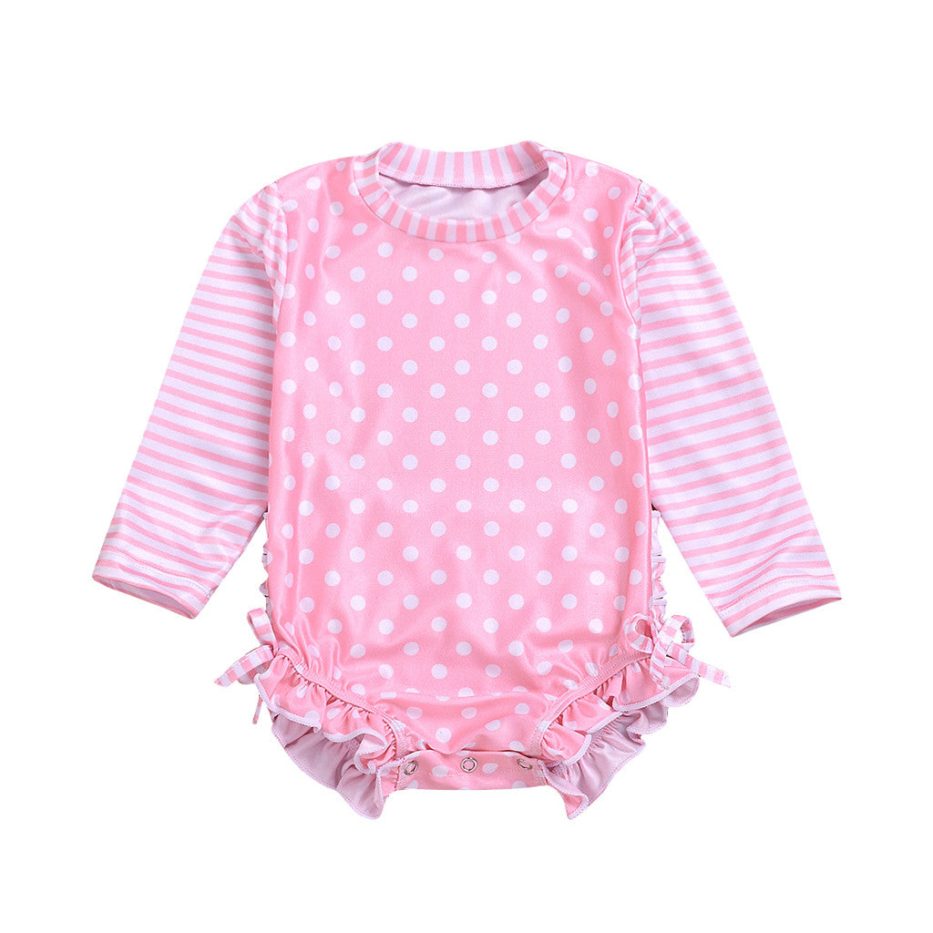 Kids Baby Girl Ruffled Dot Striped Swimsuit with