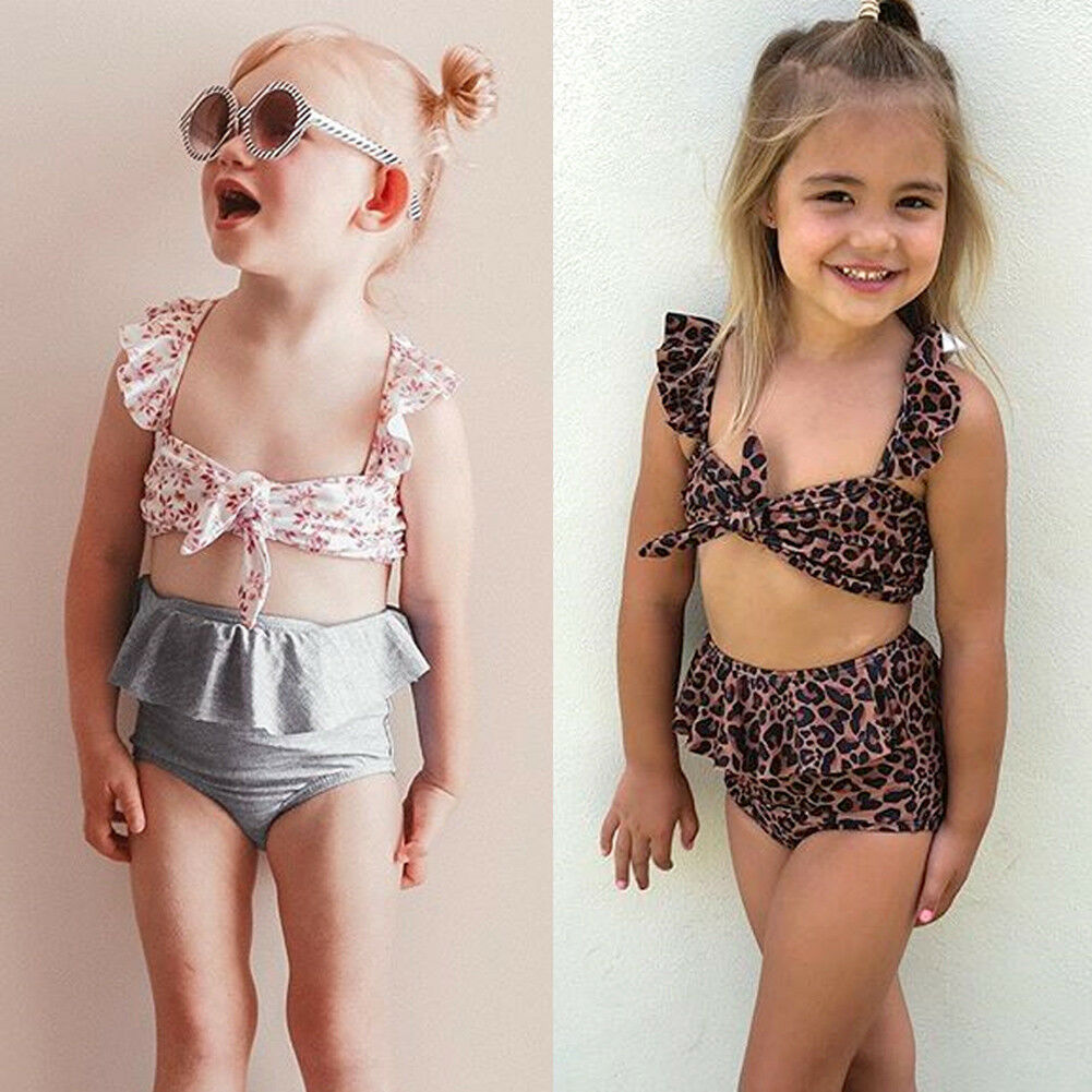 Kids Girl High Waist Leopard Floral Swimming