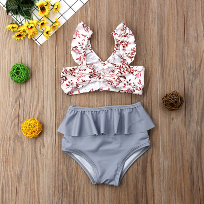 Kids Girl High Waist Leopard Floral Swimming