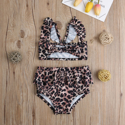 Kids Girl High Waist Leopard Floral Swimming