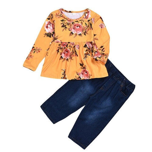 Little Girl Clothes Floral Ruched Tops Solid Jeans