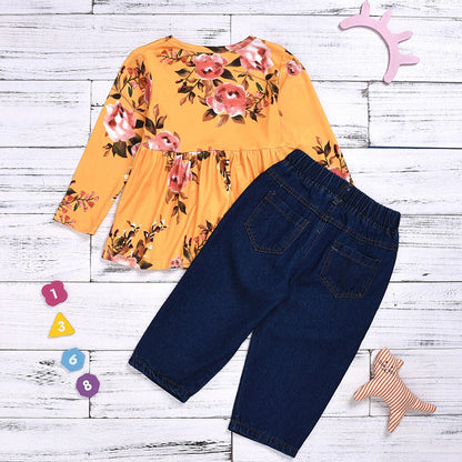 Little Girl Clothes Floral Ruched Tops Solid Jeans