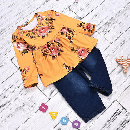 Little Girl Clothes Floral Ruched Tops Solid Jeans
