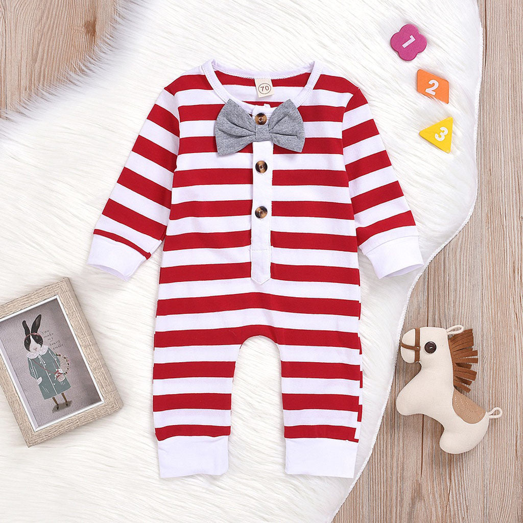 Newborn Infant Baby Gentleman Jumpsuit Striper Bow