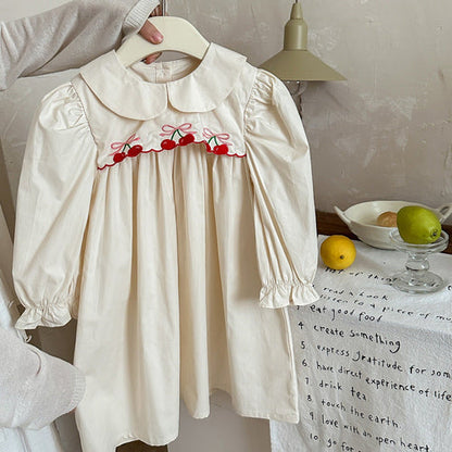 Arrival Autumn Girls Cherry Embroidery Long Sleeves Peter Pan Collar