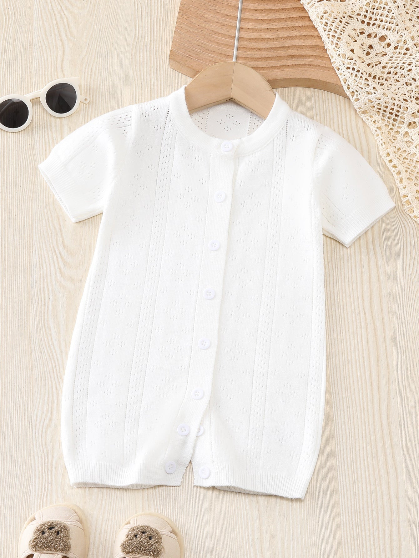 Summer New Arrival Baby Unisex Solid Color Short Sleeves Hollow Out