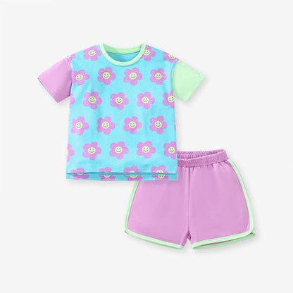 Baby And Kids Girls Floral Cartoon Top And Shorts Casual Home Clothing