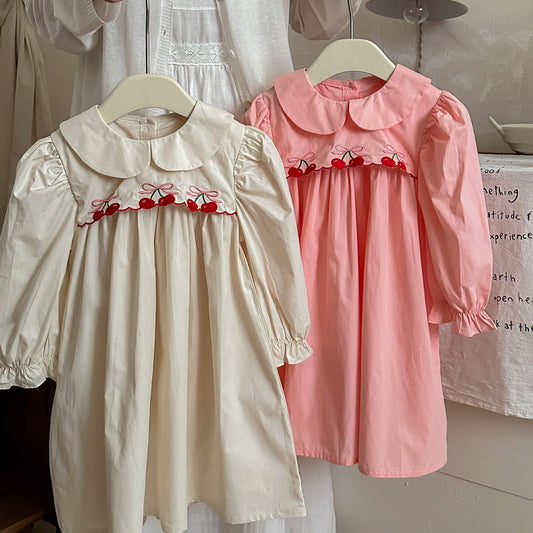 Arrival Autumn Girls Cherry Embroidery Long Sleeves Peter Pan Collar